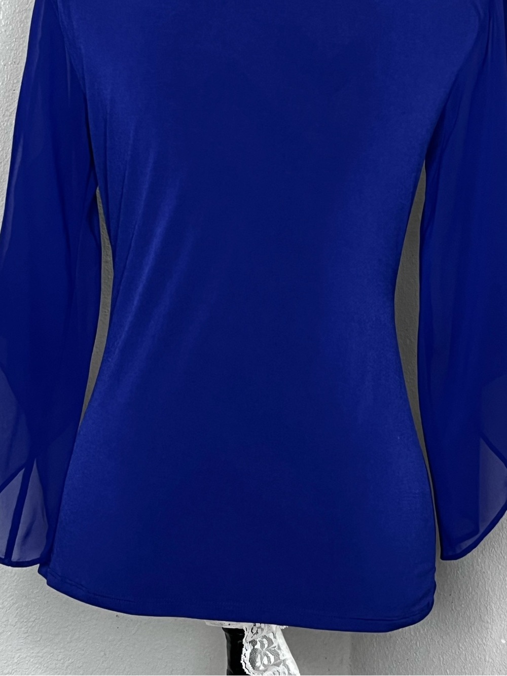 Royal Blue Sheer Bell-Sleeve V-Neck Faux Wrap Cocktail Evening Blouse Sz S - Picture 7 of 16